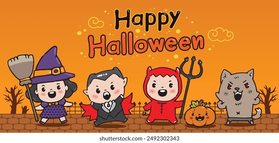 Cute child in witch, vampire, devil, and werewolf costume halloween themes. And spooky pumpkin.