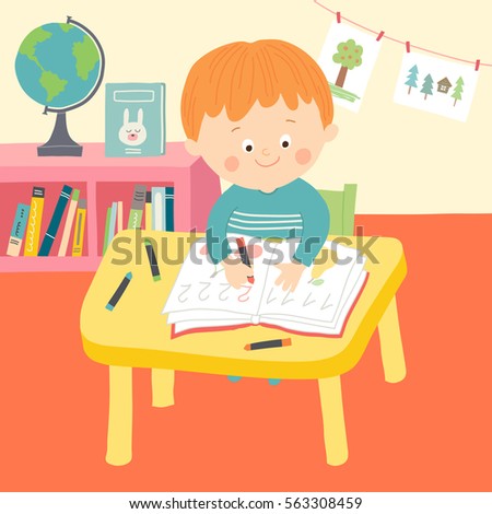 Cute child writing at desk in classroom at the elementary school. Cartoon vector hand drawn eps 10 illustration isolated on white background in flat style.