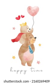 cute childhood with father, happy dad bear with kid teddy king on father shoulder with balloons, father's day watercolor animal cartoon hand drawn vector