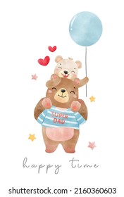 cute childhood with father, happy dad bear with kid teddy on father shoulder with balloons, father's day watercolor animal cartoon hand drawn vector