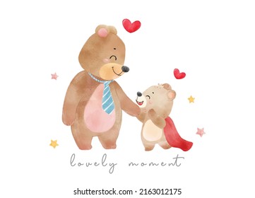 cute childhood with father, happy dad bear with smile baby teddy bear, happy moment father's day watercolor animal cartoon hand drawn vector