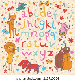 Cute childish alphabet with animals in funny style. Funny cartoon illustration in vector with all english handwritten letters.