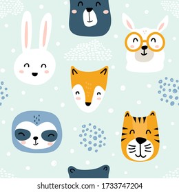 Cute childish animal character face illustrations - seamless pattern design with llama, sloth, tiger, fox, bear, and bunny