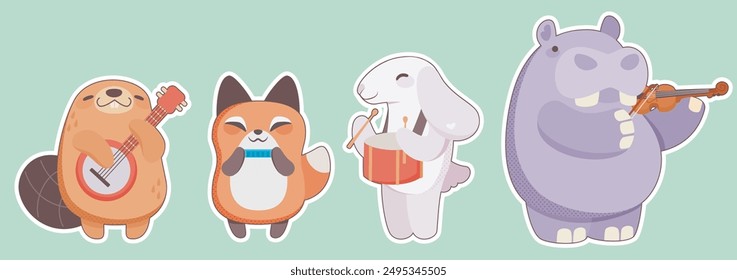 Cute childish animal music band. Cartoon vector set of wild creatures musicians - beaver with guitar, fox with harmonica, rabbit with drum and hippo with violin. Performance zoo artists group.