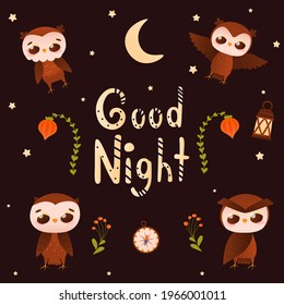 Cute childish animal set of owls in different poses on dark background with good niht lettering, sweet dreams concept for kids posters