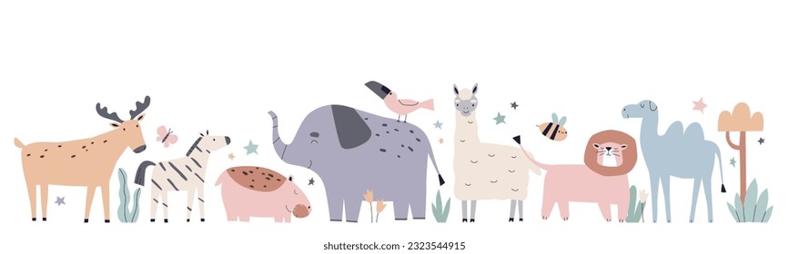 Cute childish animals border, row in Scandinavian style. Jungle exotic lion, elephant, llama, camel, hippo and zebra. Scandi kids flat graphic vector illustration isolated on white background