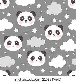 cute childish asian bear face with stars and clouds in the sky on a grey pastel color seamless background, kids panda pattern, kawaii anamals good night print