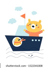 Cute childish baby bear and chic bird on the ship boat isolated on white background. Colorful vector illustration in flat cartoon style for kids. Ideal for posters, print, card, decoration, textile.