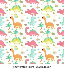 Cute childish and baby seamless pattern dinosaurs with coconut trees, footprints, eggs, green grass. Background for textile and fabric. Vector illustration.