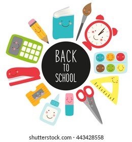 Cute childish Back to School supplies as smiling cartoon characters for your decoration
