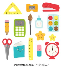 Cute childish Back to School supplies as smiling cartoon characters for your decoration