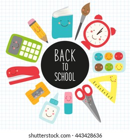 Cute childish Back to School supplies as smiling cartoon characters for your decoration