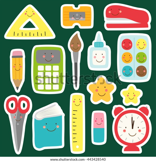 Cute Childish Back School Supplies Smiling Stock Vector Royalty