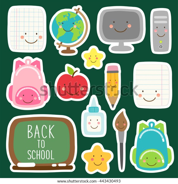 Cute Childish Back School Supplies Smiling Stock Vector Royalty