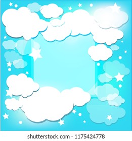 Cute childish background, Blue sky with white clouds, background, vector illustration.