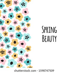 Cute childish background with primitive naive art spring flowers in scandinavian minimal style, can be used as banner or card for baby shower, mothers day, vector illustration for your decoration