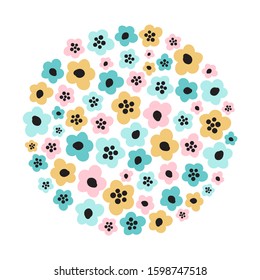 Cute childish background with primitive naive art spring flowers in scandinavian minimal style, can be used as banner or card for baby shower, mothers day, vector illustration for your decoration