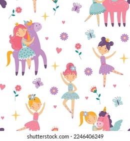 Cute childish ballerina, kids pattern. Sweet pink princess girl with magic unicorn, ballet fabric for nursery bedroom, fashion flowers textile, wallpaper and wrapping, vector seamless tidy print
