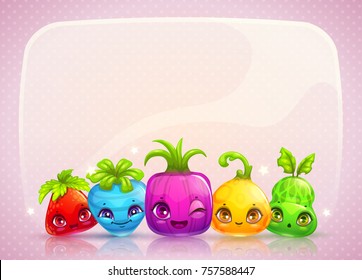 Cute childish banner with funy colorful cartoon plant monsters. Vector illustration.