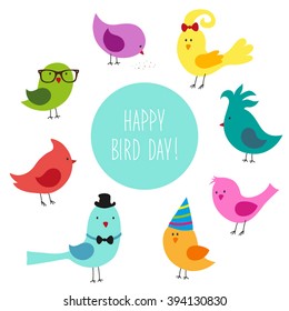 Cute childish Bird Day card with funny cartoon characters of birds and hand written text