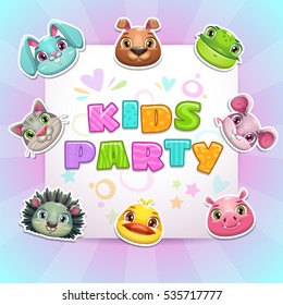 Cute childish Birthday card template with funny cartoon animal faces. Kids party invitation banner. Vector illustration