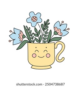 Cute childish bouquet of flowers in yellow mug. Kawaii with cute face. Simple vector illustration for icons and stickers