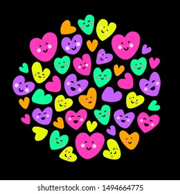 Cute childish bright eye catching Love sees no color background with funny kawaii cartoon characters of hearts in 80s style, can be used for Valentine's Day card, as banner, for gift box package etc