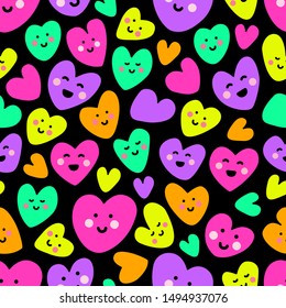 Cute childish bright eye catching seamless pattern background with funny kawaii cartoon characters of hearts in 80s style, can be used for Valentine's Day wrapping paper gift box package etc