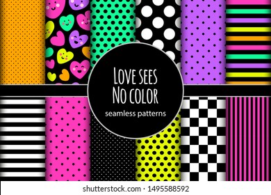 Cute childish bright eye catching set of seamless patterns background with funny kawaii cartoon characters of hearts in 80s style, can be used for Valentine's Day wrapping paper gift box package etc