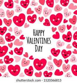 Cute childish bright eye catching Valentines Day background with funny kawaii cartoon characters of hearts, can be used for card, frame, as banner, for gift box package etc