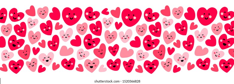 Cute childish bright eye catching Valentines Day background with funny kawaii cartoon characters of hearts, can be used for card, frame, as banner, for gift box package etc