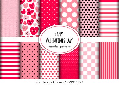 Cute childish bright eye catching set of seamless patterns background with funny kawaii cartoon characters of hearts, can be used for Valentine's Day wrapping paper gift box package etc