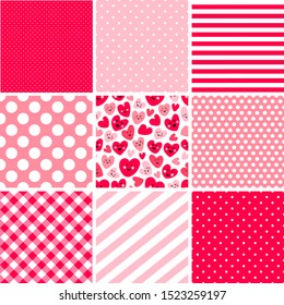 Cute childish bright eye catching set of seamless patterns background with funny kawaii cartoon characters of hearts, can be used for Valentine's Day wrapping paper gift box package etc