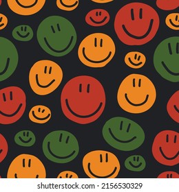 Cute childish bright seamless pattern with circles with smiling face. Vector texture in African colors - red, green, yellow on black background. sweet kid children print for Juneteenth, Kwanzaa