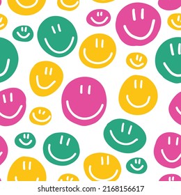 Cute childish bright seamless pattern and circles and smiley face  Vector texture  y2k aesthetic design  2000s 90s background  sweet kid children print