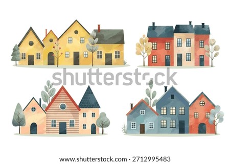 Cute childish buildings and trees. Set of watercolor scandinavian houses. Cozy village mood. Nordic homes 