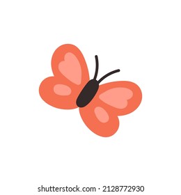 Cute childish butterfly with red wings isolated on a white background. Cartoon vector illustration. Little butterfly flying.