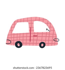 Cute childish car driving, cartoon flat vector illustration isolated on white background. Funny hand drawn pink van. Nursery design element. Automobile in Scandinavian style.