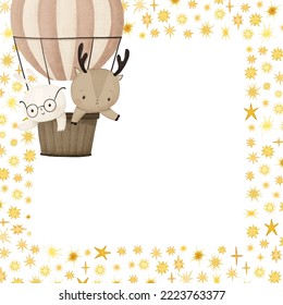 cute childish card, baby shower, invitation with star frame and funny animals 