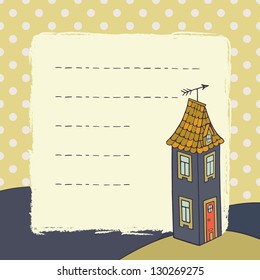 Cute childish card with cartoon house on polka dot background. Vector illustration.