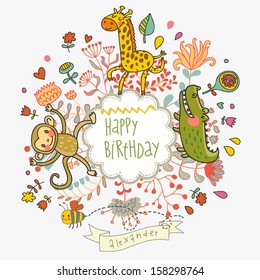 Cute childish card with Crocodile, Monkey and Giraffe in vector. Happy birthday invitation background in bright colors 