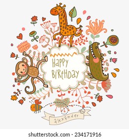 Cute childish card with Crocodile, Monkey and Giraffe in vector. Happy birthday invitation background in bright colors