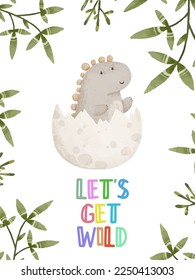 cute childish card with dino, dinosaur illustration, dino design