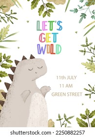 cute childish card with dino, dinosaur illustration, dino design