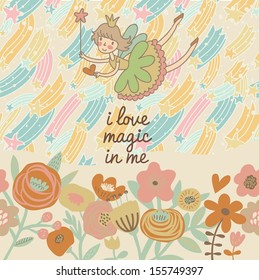 Cute childish card in vector. Funny Fairy flying over beautiful flowers in the stars