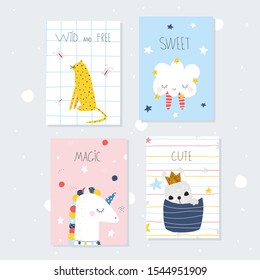Cute childish cards with animals. Vector hand drawn illustration. 