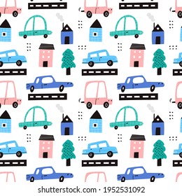 Cute childish cars in city vector seamless pattern with texture. Colorful cartoon auto transports, houses, trees isolated on white background. Kids automobile wallpaper, hand drawn flat textile design
