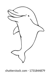 Cute childish cartoon black outline sea dolphin animal isolated on a white background. Underwater creature vector illustration.