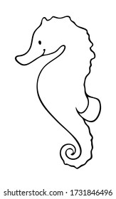 Cute childish cartoon black outline sea horse animal isolated on a white background. Underwater creature vector illustration.