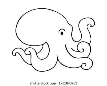 Cute childish cartoon black outline sea octopus animal isolated on a white background. Underwater creature vector illustration.